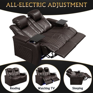 English Elm 62.2"power Recliner Set of 2 Top-grain Nappa Leather Home Theater Seating with Rgb Led Coffee W3819S00099