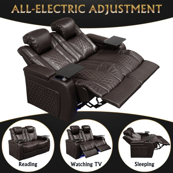 English Elm 62.2"power Recliner Set of 2 Top-grain Nappa Leather Home Theater Seating with Rgb Led Coffee W3819S00099