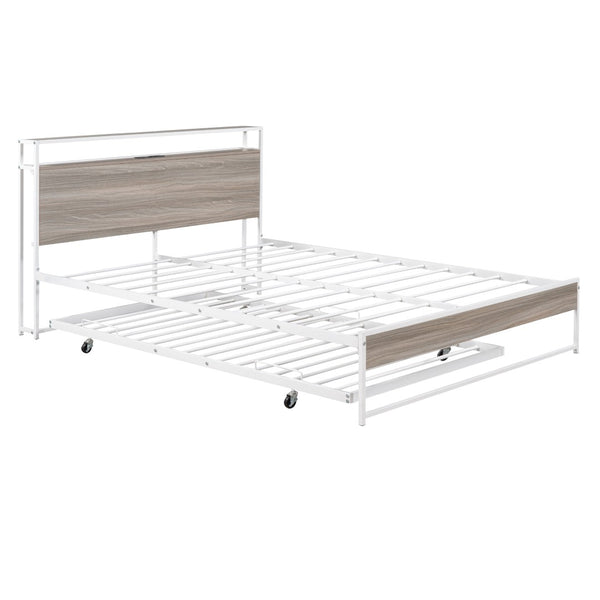 English Elm Queen Steel Platform Bed with Trundle Headboard Shelves and Built-in Usb Charging N708P477431K