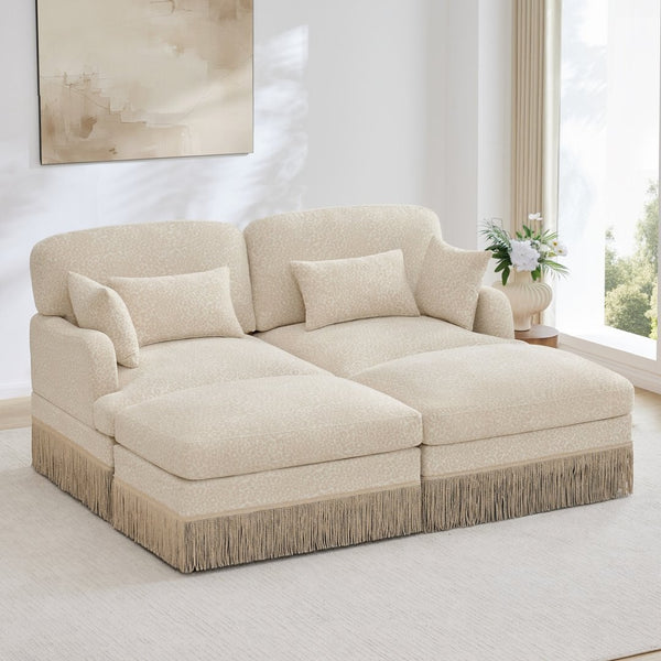 English Elm Comfy Chenille Leopard Print Loveseat with Tassel Trim and Movable Ottoman Modules Beige W5656S00003
