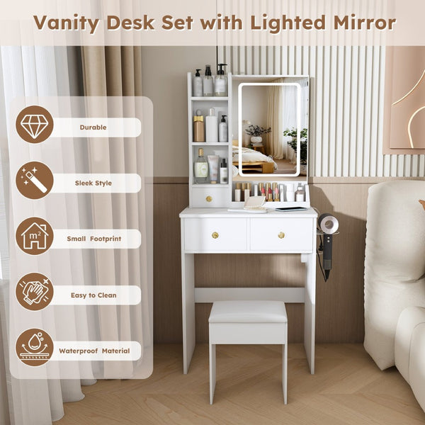 English Elm Modern Vanity Desk with Led Mirror 3 Drawers Built-in Outlet and Matching Chair White W509P465832