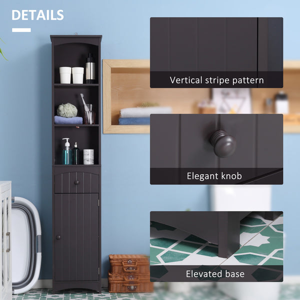 English Elm HOMCOM Tall Bathroom Linen Cabinet – Narrow Free-Standing MDF Tower with 3 Shelves, Drawer, Brown W2225P229566