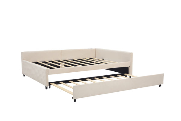 English Elm Upholstered Velvet Daybed with Pull Out Trundle Diamond Tufted Guest Bedroom Sofa Beige W1361S00069