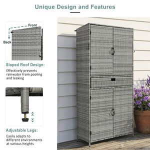 English Elm K&k Tall Arched Pe Rattan Outdoor Storage Cabinet with Adjustable Shelves and Steel Frame Grey N707P420102G