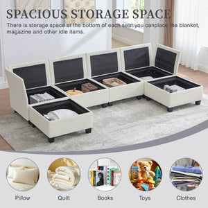 English Elm UNITED Modular 6-Seat Sectional Sofa with Removable Ottoman, Storage Compartments, Convertible Comfort Beige W1568S00242