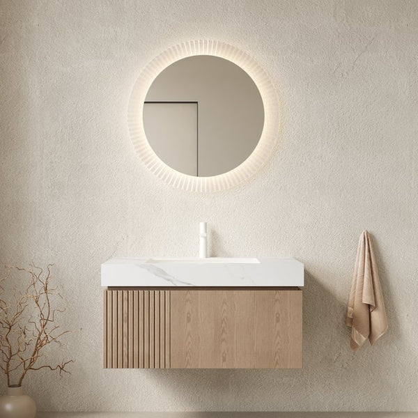 English Elm Muri Floating Bathroom Vanity Plywood Cabinet Oak Veneer Sintered Stone Top W2615S00626