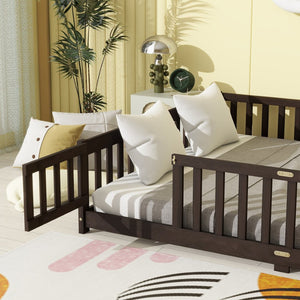 English Elm Queen Rubber Wood Floor Bed with Full Perimeter Safety Fence and Hinged Access Door Espresso W504P429342