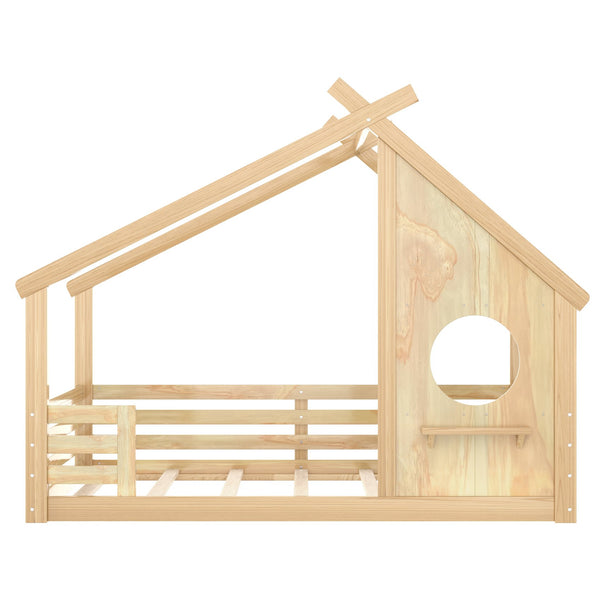 English Elm Full House Floor Bed with Roof Window and Shelf – Solid Pine Kids Loft-Style Low Bed, Durable Design Natural W1580P362703