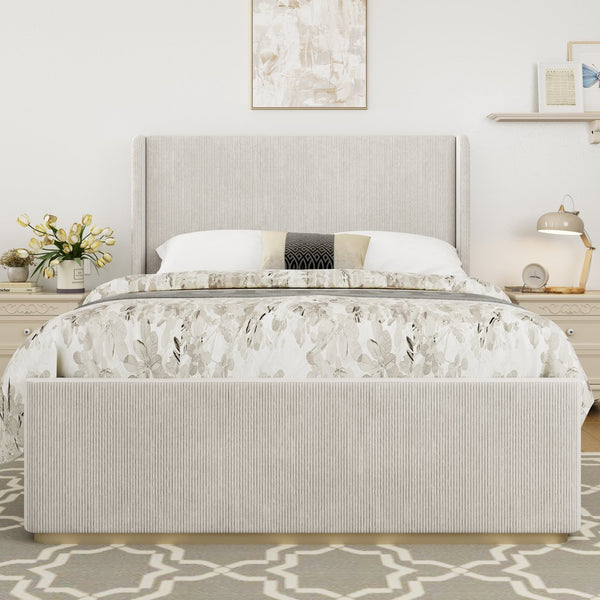English Elm Queen Corduroy Upholstered Bed with Vertical-Stripe Wingback Headboard, High Footboard, Metal Frame Durability N701P201393E