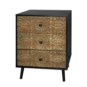 English Elm 3 Drawer Solid Wood Cabinet Hand Carved Relief Fronts Pine Feet Bedroom Storage W688138033