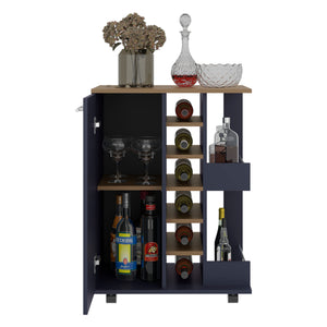 English Elm Bar Cart Alby Blue & Natural Oak 32.3" H with 1 Door and 10 Shelves — Compact Stylish Storage Solution B097P395893