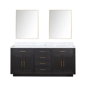 English Elm Black Oak Double Bath Vanity 72” W X 22” D With Luxurious Carrara Marble Top & Frameless Mirrors B2731S02140