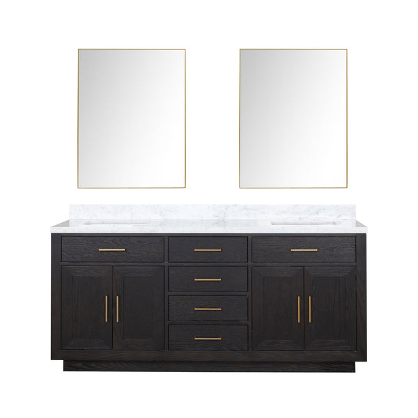 English Elm Black Oak Double Bath Vanity 72” W X 22” D With Luxurious Carrara Marble Top & Frameless Mirrors B2731S02140