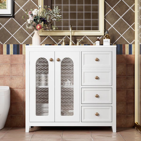 English Elm 36.02-inch white bathroom vanity with ceramic basin, gold round handles, soft-close doors & drawers N729P184710K