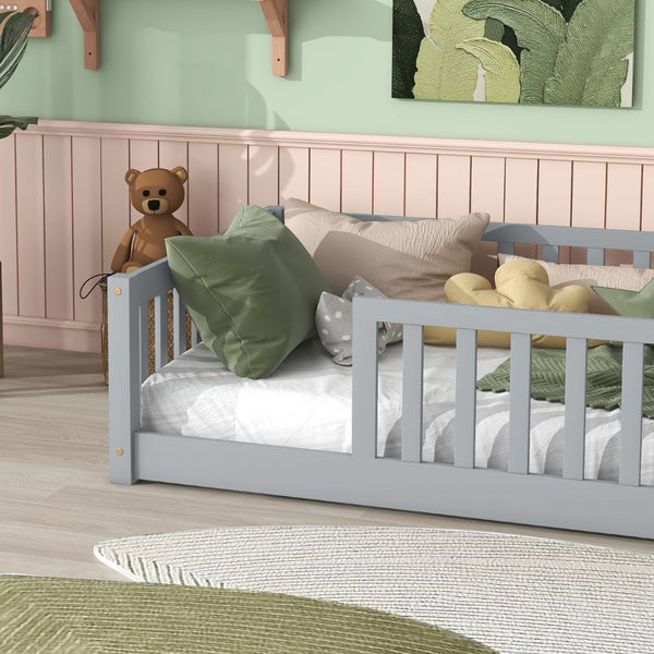 English Elm Twin Solid Rubberwood Floor Bed with Full Perimeter Safety Rails for Toddler Rooms Grey W504P296793