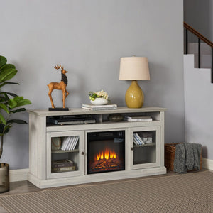 English Elm Contemporary Stone Gray Media Console with Electric Fireplace Insert for Living Rooms W2275S00042