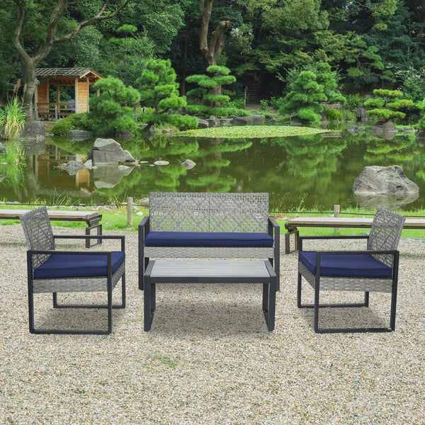 English Elm 4-Piece Patio Set with Acacia Wood Table, Light Gray Rattan & Blue Cushions — Durable, Weather-Resistant Seating for Balcony W2391P265430