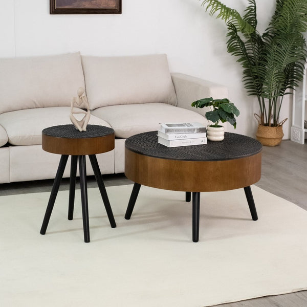 English Elm 31.5-inch Round Carved Wood Coffee Table Vintage Distressed Finish Living Room Accent W3935P406036