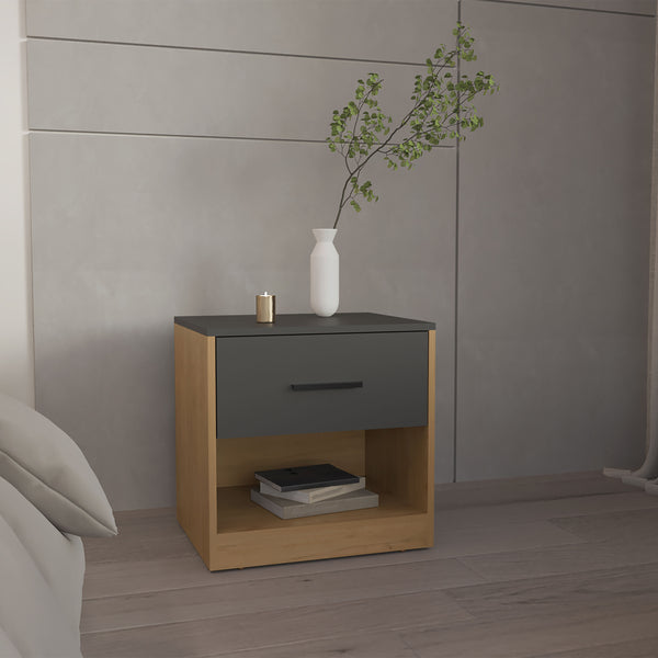 English Elm Nightstand, Compact Engineered Wood Design with Drawer and Open Shelf, Modern Eco-Friendly Finish Natural Wood 25.2 L x 20.87 W x 5.51 H B097P296846