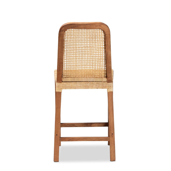 English Elm Mid-century Modern Mahogany Wood Counter Stool with Woven Rattan Back Panel B2750P470061