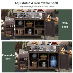 English Elm K&K Outdoor Kitchen Island Rolling Bar Cart with 1.2" Stainless Steel Top, Ample Storage, Wheels and Spice Rack Dark Brown WF532198AAZ