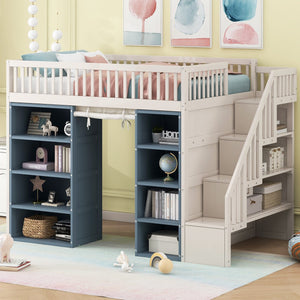English Elm Full Size Loft Bed With Stylish Storage Cabinets, Privacy Curtain & Multi-Functional Design - White/Blue GX003006AAK
