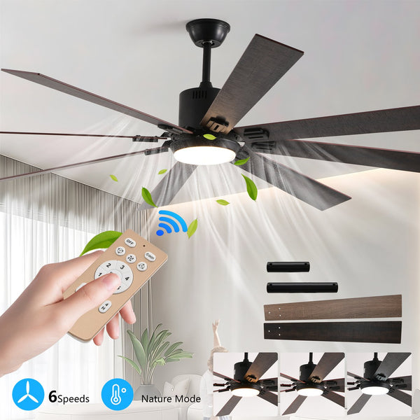 English Elm 72" Walnut LED Ceiling Fan Light with 8 Wooden Blades, Remote, Dimmable Color Temp, Quiet DC Motor Elegance W1340P244569
