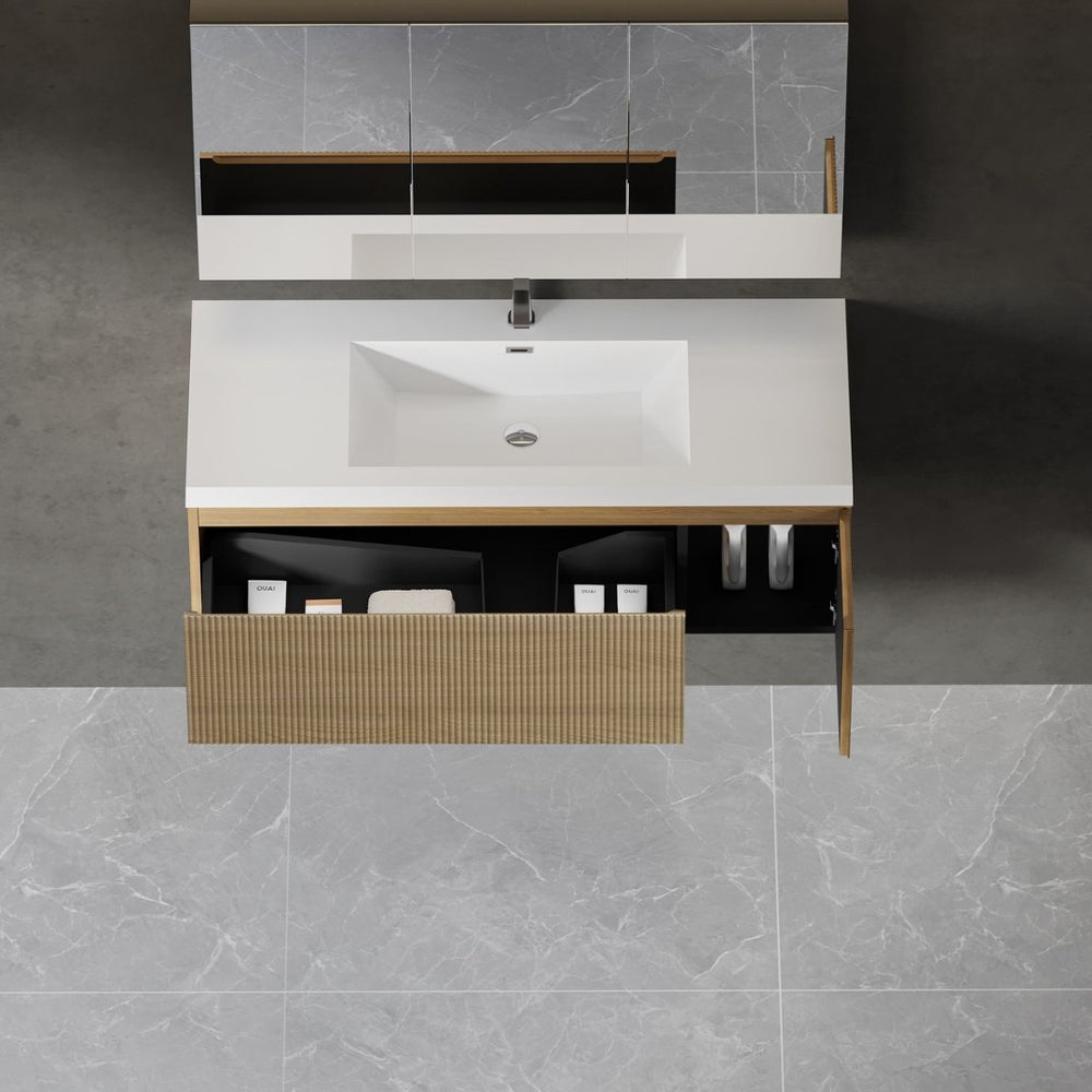 English Elm 48'' Floating Oak Vanity with Stone Resin Basin Soft Close Drawer Spa Bathroom W1573P265201