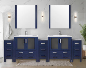 English Elm Navy Double Bath Vanity 108" W with Side Cabinets, White Ceramic Top, Mirrors & Chrome Faucet — Durable, Scratch-Resistant B2731S01222