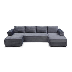 English Elm 132" Modular U-shaped Cloud Sectional Corduroy Couch with Deep Seat and Cupholders W1117S00342