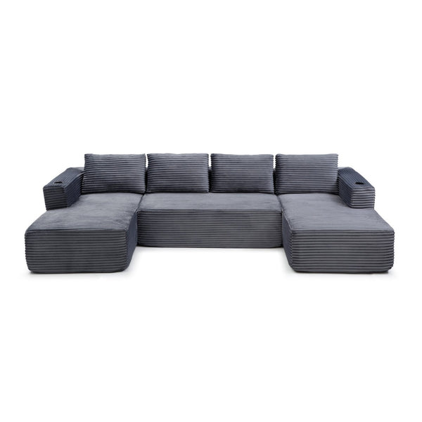 English Elm 132" Modular U-shaped Cloud Sectional Corduroy Couch with Deep Seat and Cupholders W1117S00342