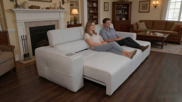 English Elm Power Reclining Sofa with Bluetooth Speakers Wireless Charging and Smart Home Theater Seating Light Grey W3795S00010