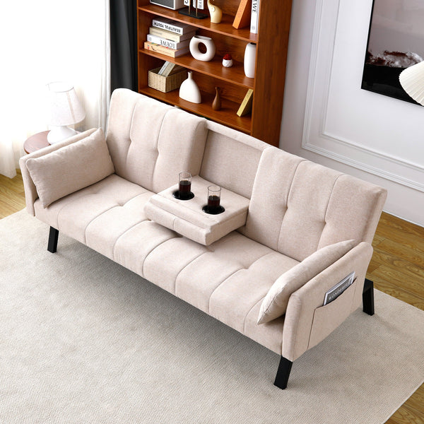 English Elm 70-inch Foldable Cotton Linen Sofa Bed with Cup Holder & Side Storage, Space-Saving 2-Seater Design Beige W3371P337197