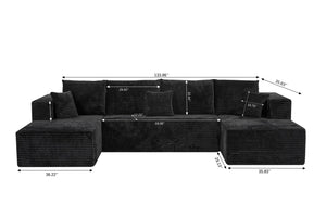 English Elm 133.86" Cloud Modular U-shaped Sectional Ribbed Corded Fabric Deep Seat Living Room Sofa Black W668S00009