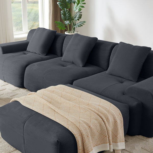 English Elm 113" Modular L-shaped Sectional Sofa Corduroy Upholstered with Movable Ottoman Dark Gray W1359S00059