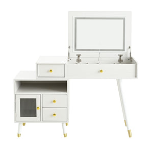English Elm 3-in-1 Vanity Desk with LED Flip Mirror, Compact Makeup/Dressing Table with Storage Drawers & Stool White N844P291656A