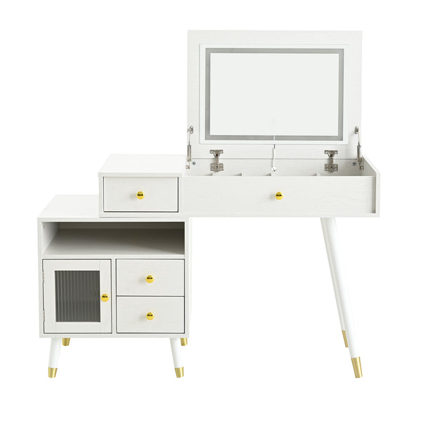 English Elm 3-in-1 Vanity Desk with LED Flip Mirror, Compact Makeup/Dressing Table with Storage Drawers & Stool White N844P291656A