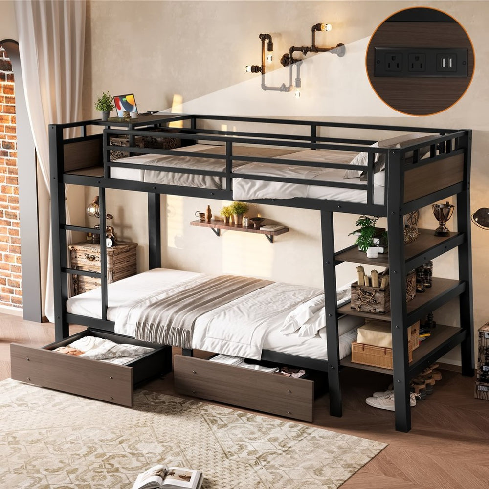 English Elm Full Size Metal Loft Bed with Stair Storage Shelves Bookshelf for Dorms Bedroom W1580S00346