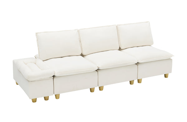 English Elm 104-inch pumpkin flannel three-seater sofa with storage cabinet, cup holders, adjustable backrest, comfy modern design Beige W1658S00096