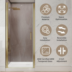 English Elm 32-34 in Frameless Pivot Shower Door Clear Glass Brushed Gold Reversible Bathroom W637P400607