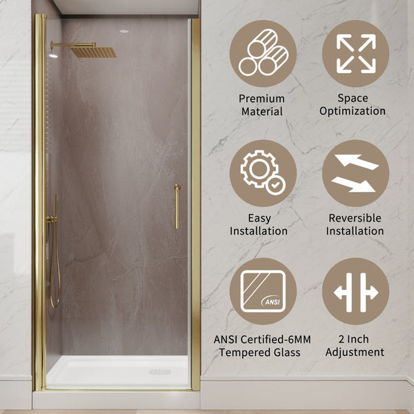 English Elm 32-34 in Frameless Pivot Shower Door Clear Glass Brushed Gold Reversible Bathroom W637P400607