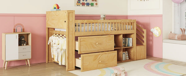 English Elm Twin Loft Bed with Built-In Stairs, Shelves, Hanging Rod & 2 Drawers for Space-Saving Kids Room Natural 45.87 L x 18.5 W x 10.83 H W2593S00005
