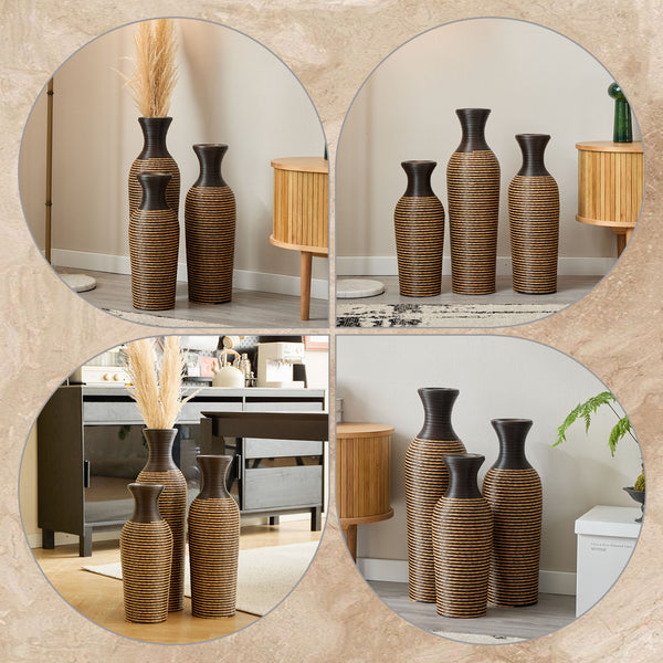 English Elm 3-piece modern PVC floor vase set with tall standalone racks for artificial branches and decor accents Beige+Black W2796P261501