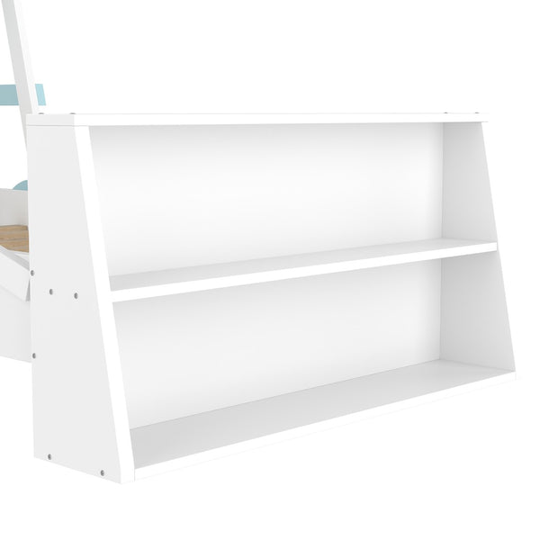 English Elm Twin Pine Treehouse Floor Bed with Padded Rails and Cabin Roofline for Kids White+Blue W1580S00470