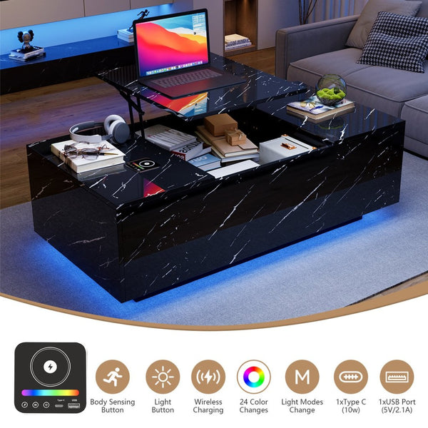 English Elm Coffee Table with Led Lighting Bluetooth Speaker Wireless Charging and Faux Marble Top T3773P415730