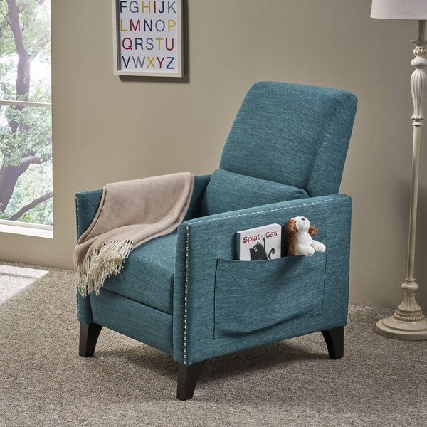 English Elm Pushback Recliner Accent Chair Solid Birch Frame Rivet Detail Mid-century Living Room Seat Teal 65532.00T
