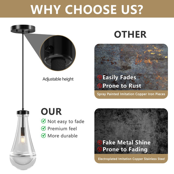 English Elm Raindrop Modern Black Pendant Light, Handblown Glass Raindrop Chandelier for Kitchen Island Elegance W2312P389962