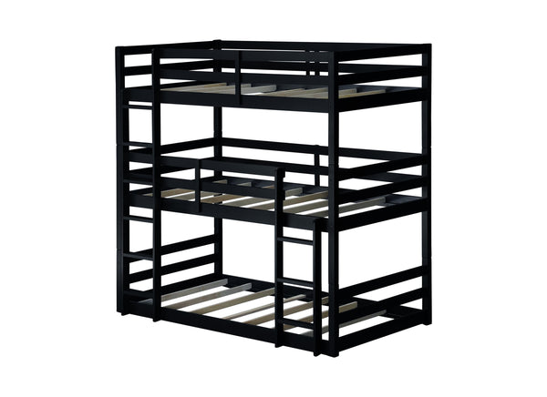 English Elm Triple Rubber Wood Bunk Bed with Built-In Ladders and Guardrails Maximizes Space for Families, Durable Design Black W504S00177