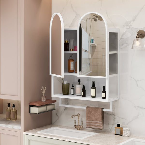 English Elm 23.62" Modern Double-Arched Mirror Cabinet with Tempered Glass, Metal Frame, Shelf & Towel Rack Storage White W757P314591