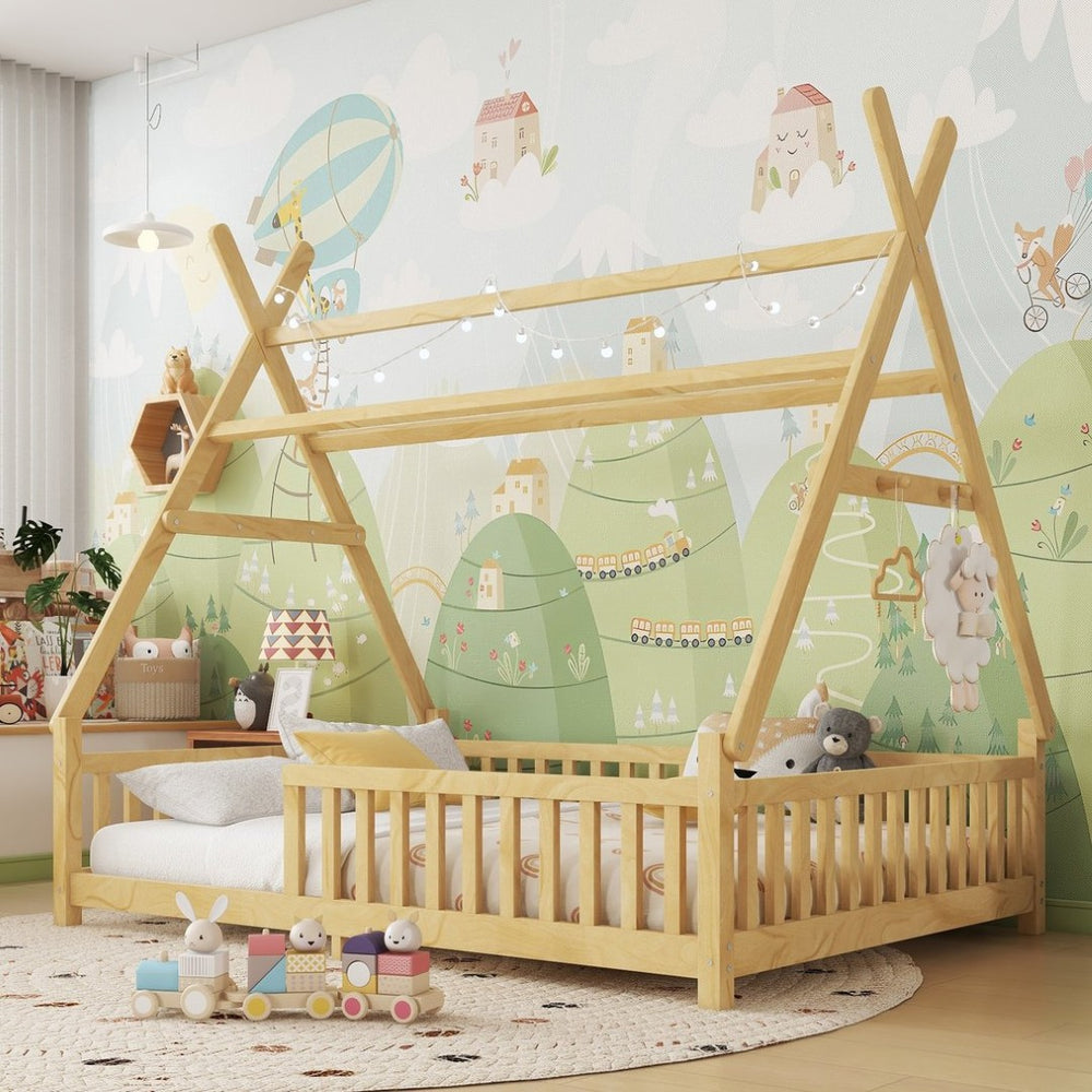 English Elm Twin Montessori Floor Bed House Frame with Led Lighting and Safety Rails for Kids Natural W2593P440591